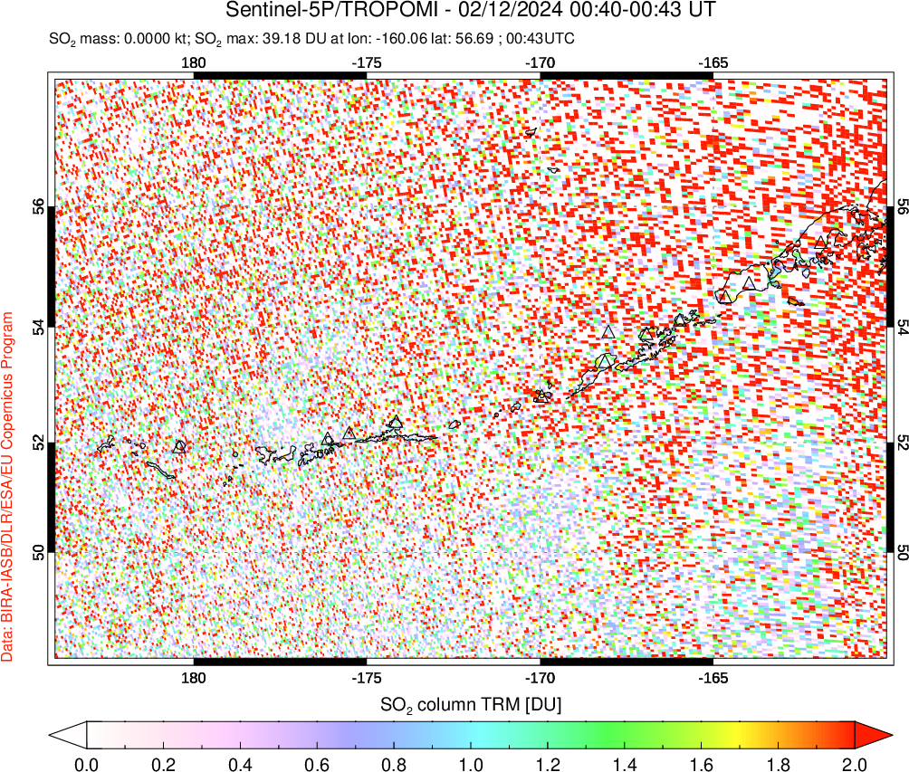 A sulfur dioxide image over Aleutian Islands, Alaska, USA on Feb 12, 2024.