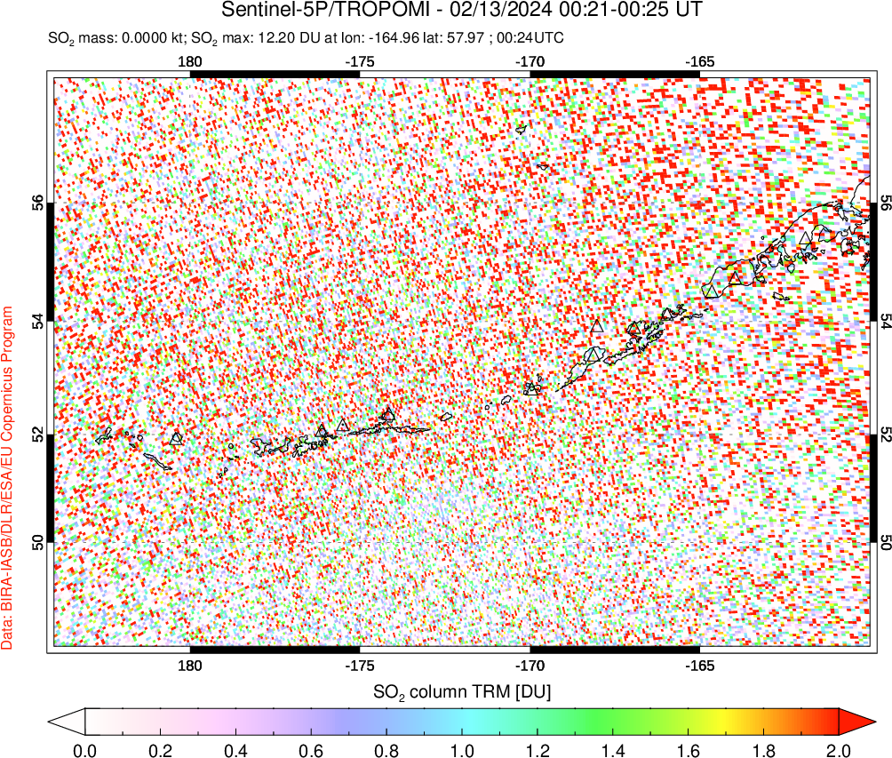 A sulfur dioxide image over Aleutian Islands, Alaska, USA on Feb 13, 2024.