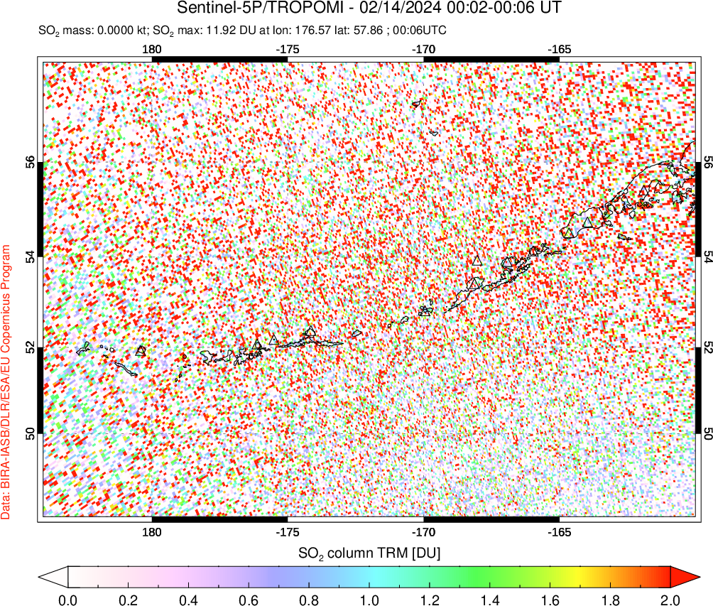 A sulfur dioxide image over Aleutian Islands, Alaska, USA on Feb 14, 2024.