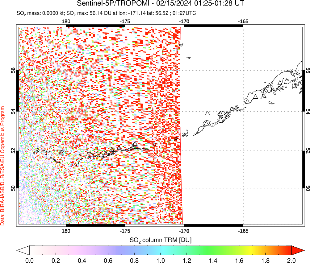 A sulfur dioxide image over Aleutian Islands, Alaska, USA on Feb 15, 2024.