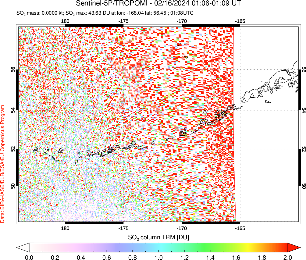 A sulfur dioxide image over Aleutian Islands, Alaska, USA on Feb 16, 2024.