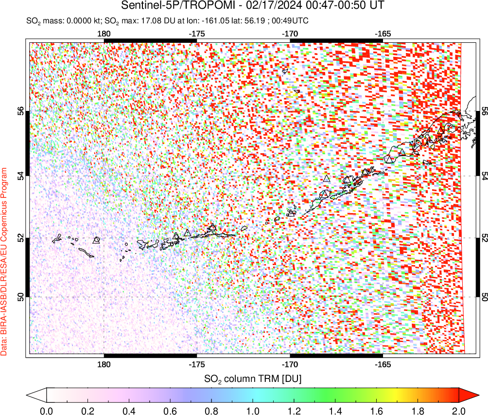 A sulfur dioxide image over Aleutian Islands, Alaska, USA on Feb 17, 2024.