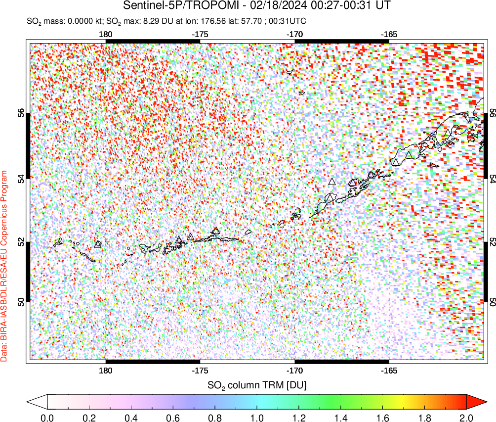 A sulfur dioxide image over Aleutian Islands, Alaska, USA on Feb 18, 2024.