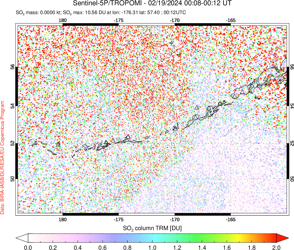 A sulfur dioxide image over Aleutian Islands, Alaska, USA on Feb 19, 2024.