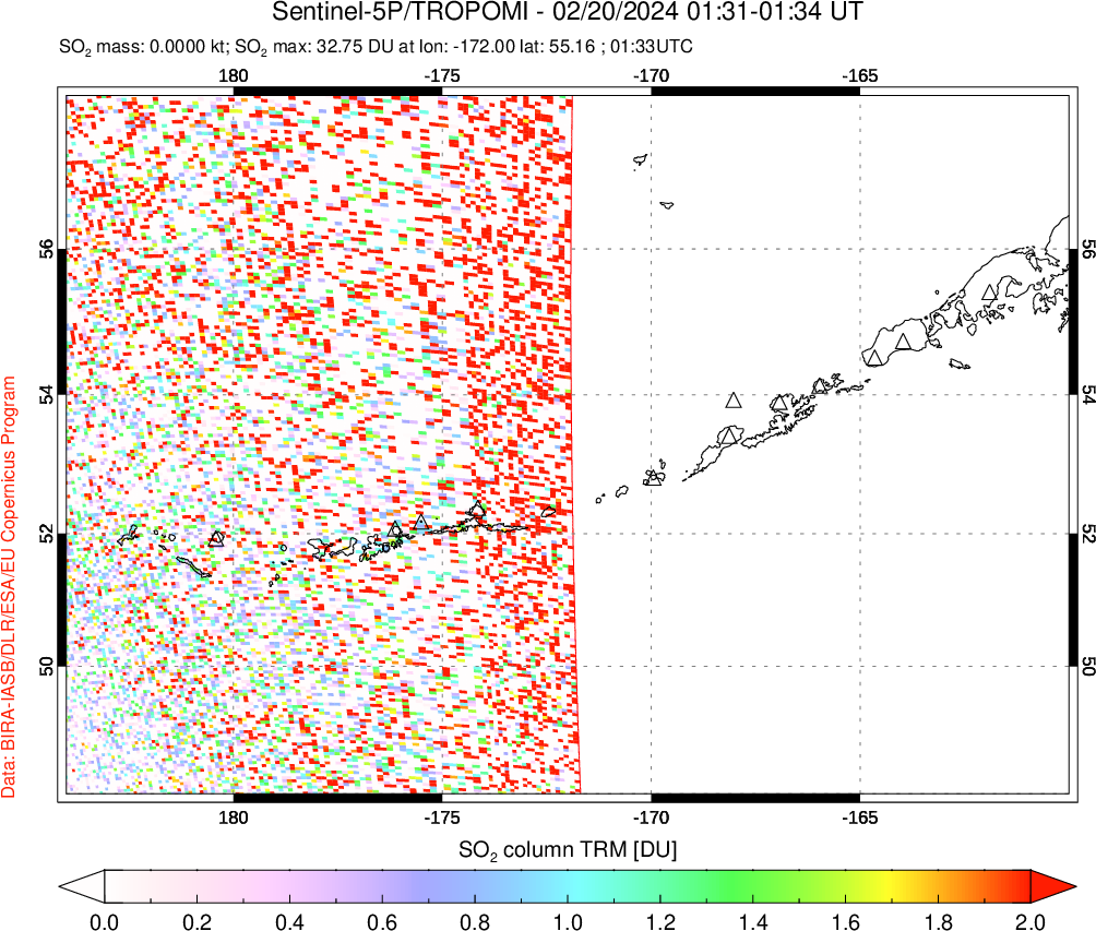 A sulfur dioxide image over Aleutian Islands, Alaska, USA on Feb 20, 2024.