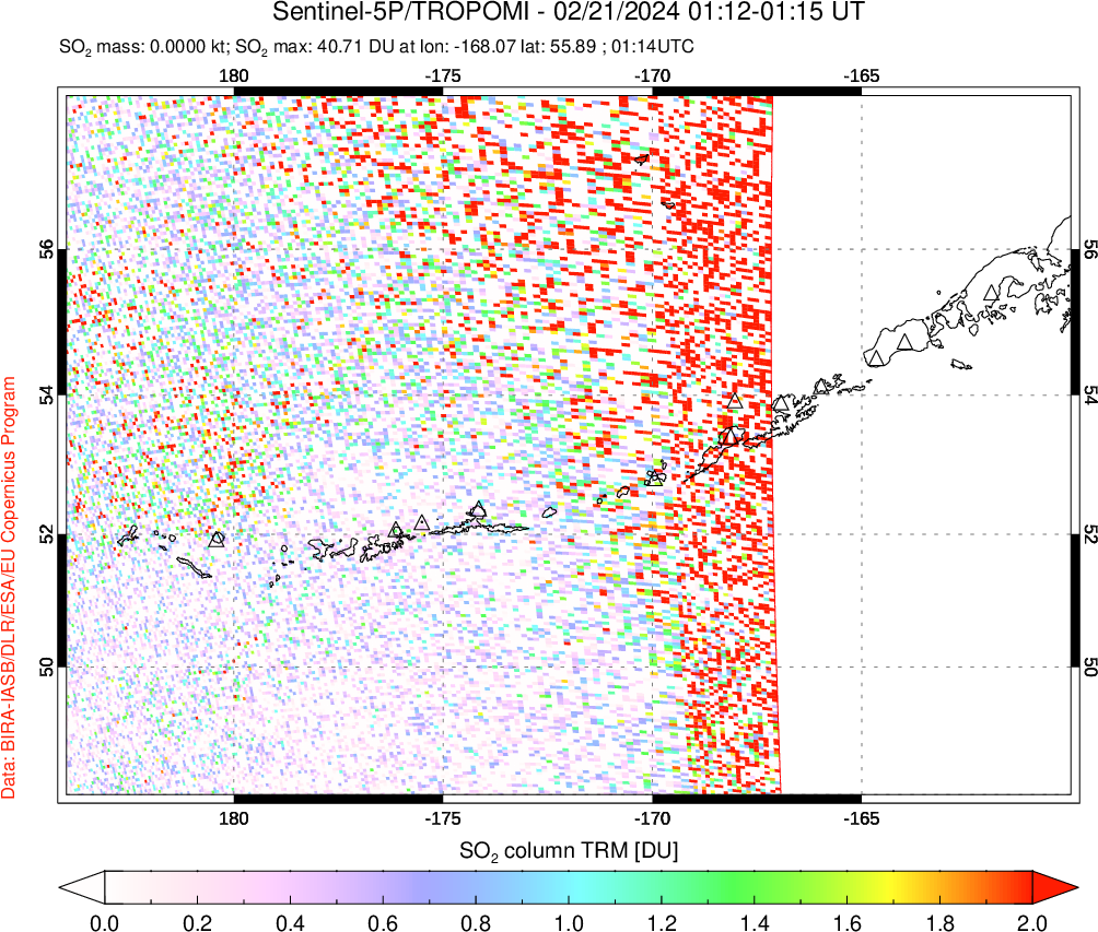 A sulfur dioxide image over Aleutian Islands, Alaska, USA on Feb 21, 2024.