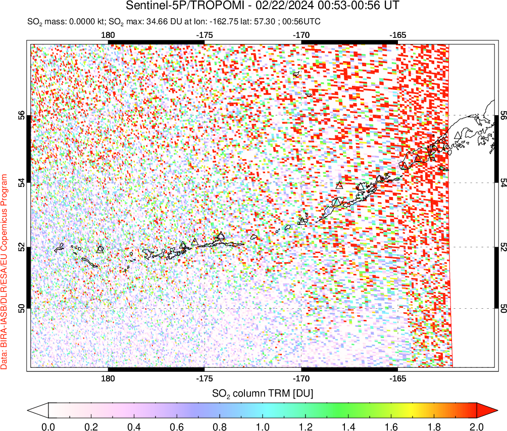 A sulfur dioxide image over Aleutian Islands, Alaska, USA on Feb 22, 2024.