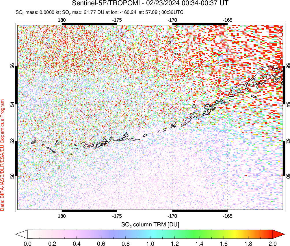 A sulfur dioxide image over Aleutian Islands, Alaska, USA on Feb 23, 2024.