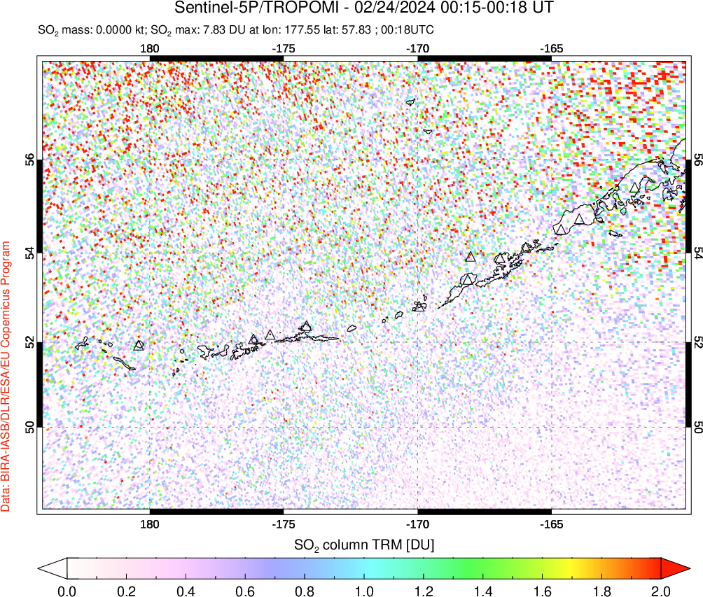 A sulfur dioxide image over Aleutian Islands, Alaska, USA on Feb 24, 2024.