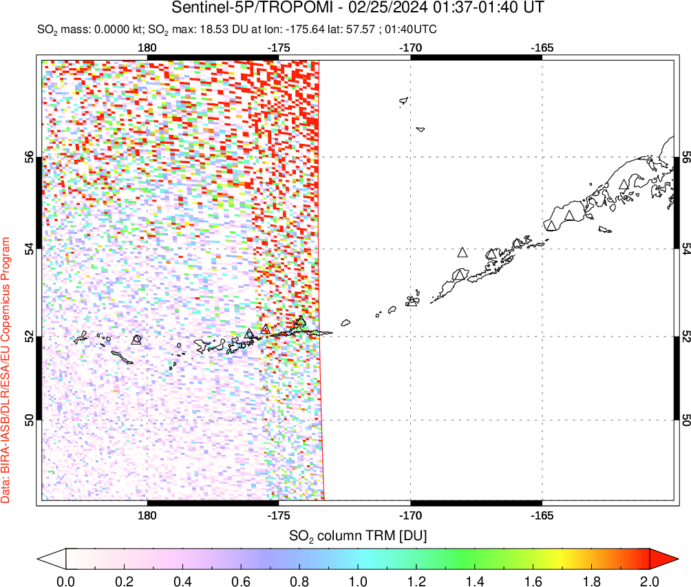 A sulfur dioxide image over Aleutian Islands, Alaska, USA on Feb 25, 2024.