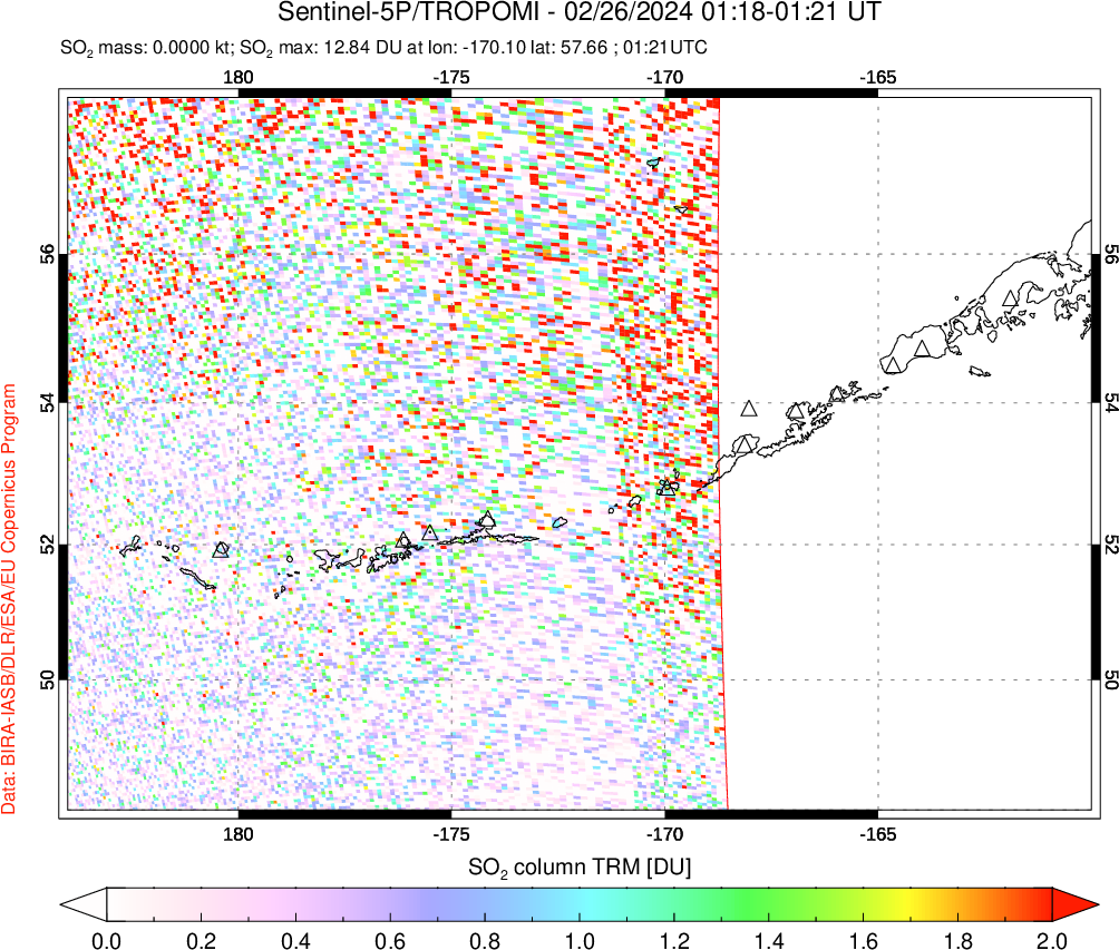 A sulfur dioxide image over Aleutian Islands, Alaska, USA on Feb 26, 2024.