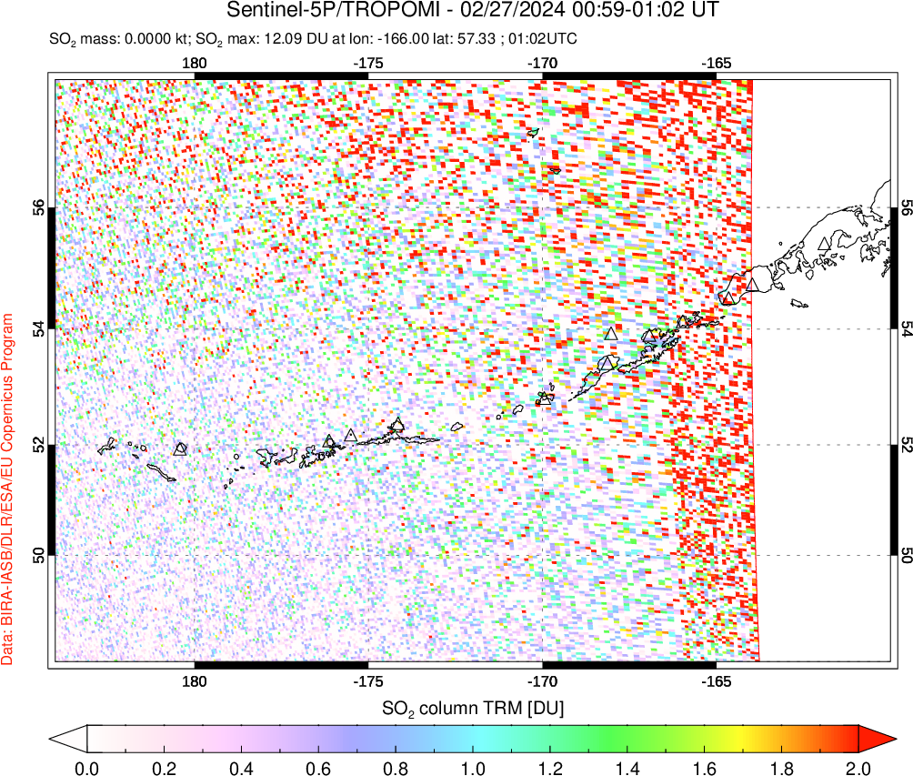 A sulfur dioxide image over Aleutian Islands, Alaska, USA on Feb 27, 2024.