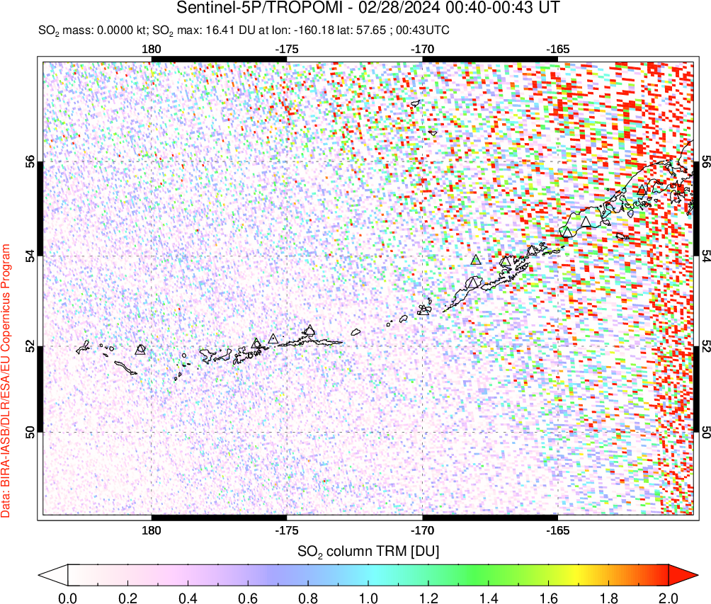 A sulfur dioxide image over Aleutian Islands, Alaska, USA on Feb 28, 2024.