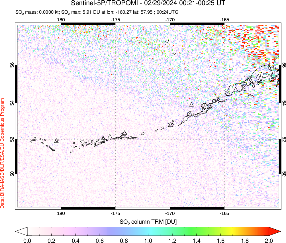 A sulfur dioxide image over Aleutian Islands, Alaska, USA on Feb 29, 2024.