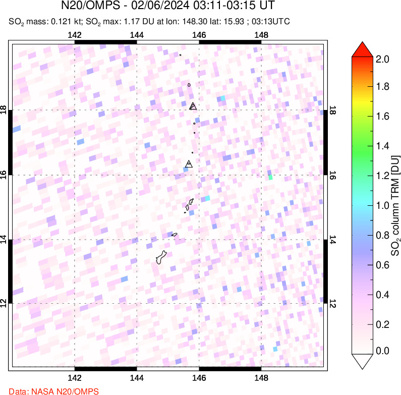 A sulfur dioxide image over Anatahan, Mariana Islands on Feb 06, 2024.