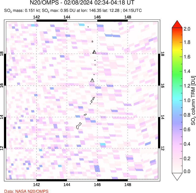 A sulfur dioxide image over Anatahan, Mariana Islands on Feb 08, 2024.