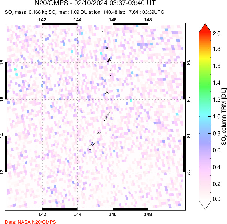 A sulfur dioxide image over Anatahan, Mariana Islands on Feb 10, 2024.