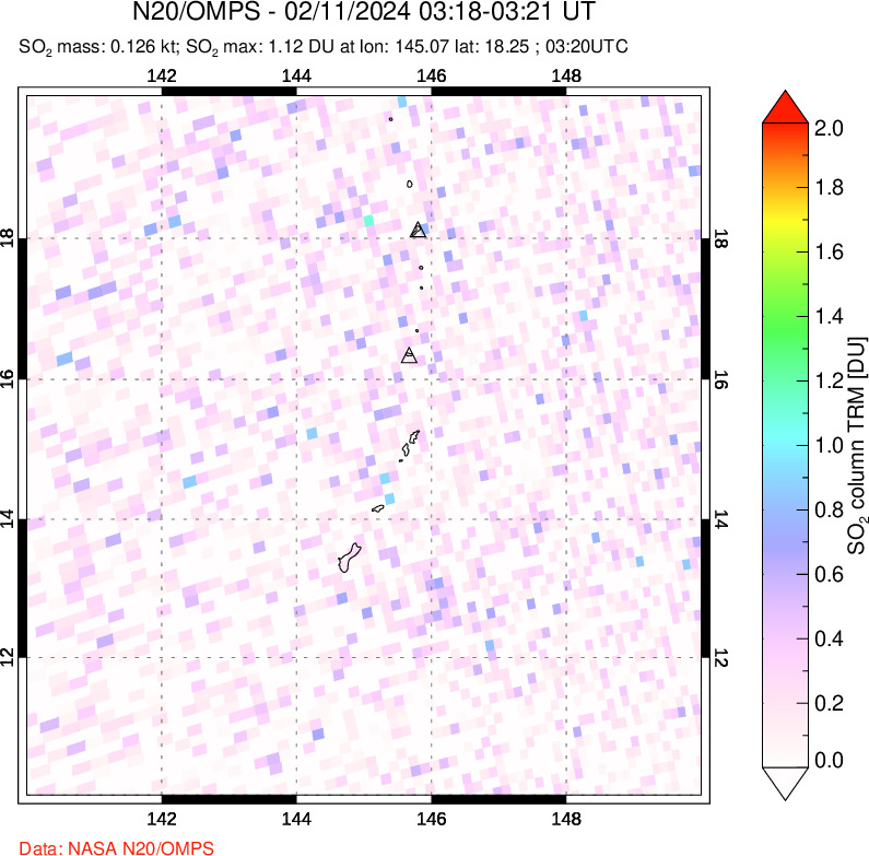 A sulfur dioxide image over Anatahan, Mariana Islands on Feb 11, 2024.