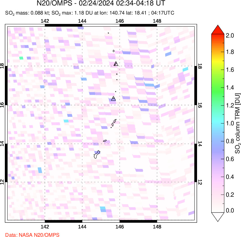 A sulfur dioxide image over Anatahan, Mariana Islands on Feb 24, 2024.