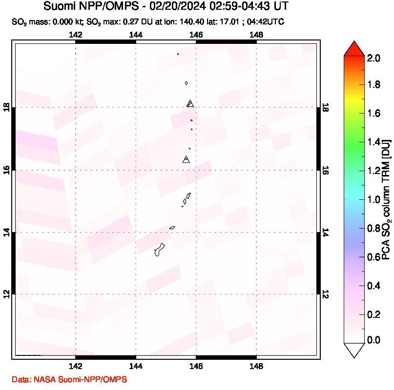 A sulfur dioxide image over Anatahan, Mariana Islands on Feb 20, 2024.