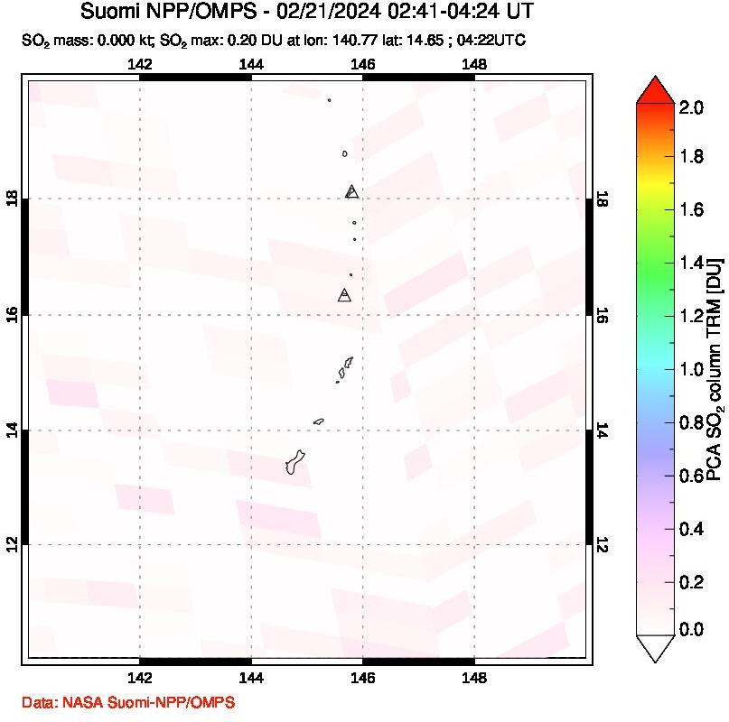 A sulfur dioxide image over Anatahan, Mariana Islands on Feb 21, 2024.