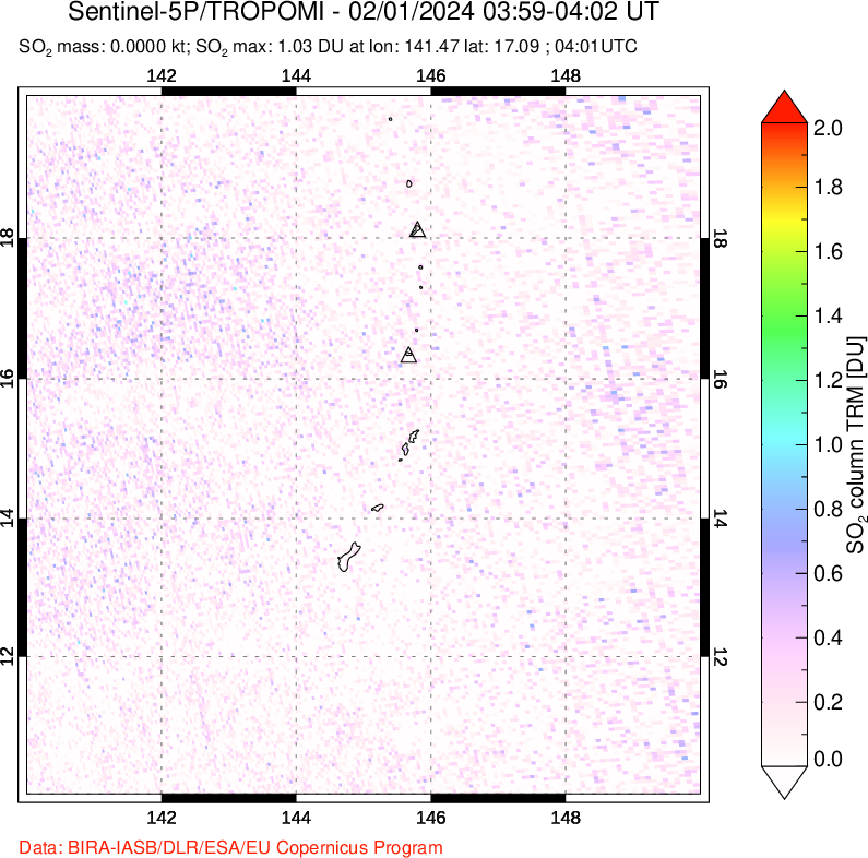 A sulfur dioxide image over Anatahan, Mariana Islands on Feb 01, 2024.