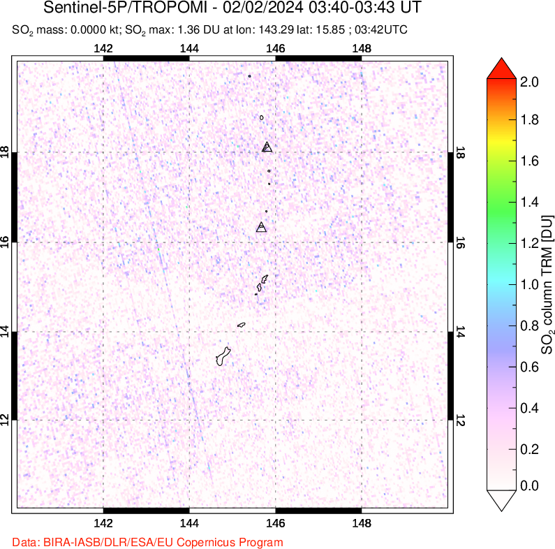 A sulfur dioxide image over Anatahan, Mariana Islands on Feb 02, 2024.