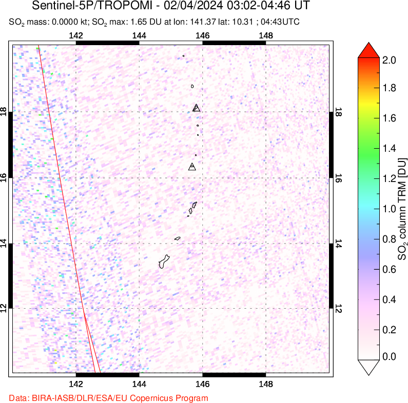 A sulfur dioxide image over Anatahan, Mariana Islands on Feb 04, 2024.