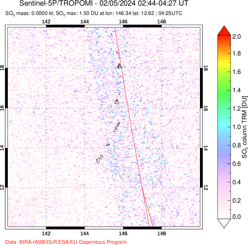 A sulfur dioxide image over Anatahan, Mariana Islands on Feb 05, 2024.