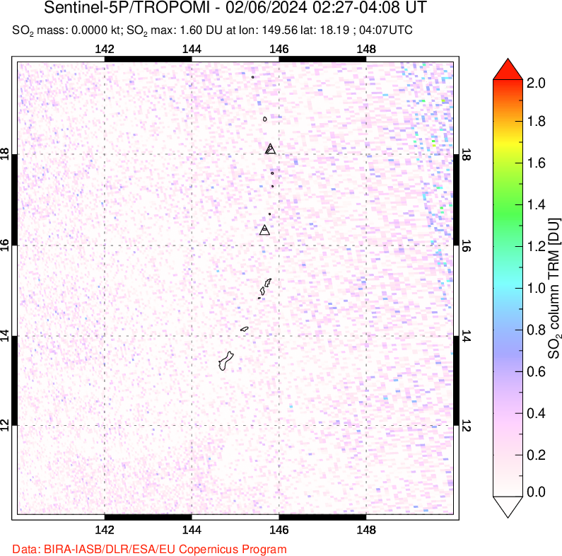 A sulfur dioxide image over Anatahan, Mariana Islands on Feb 06, 2024.