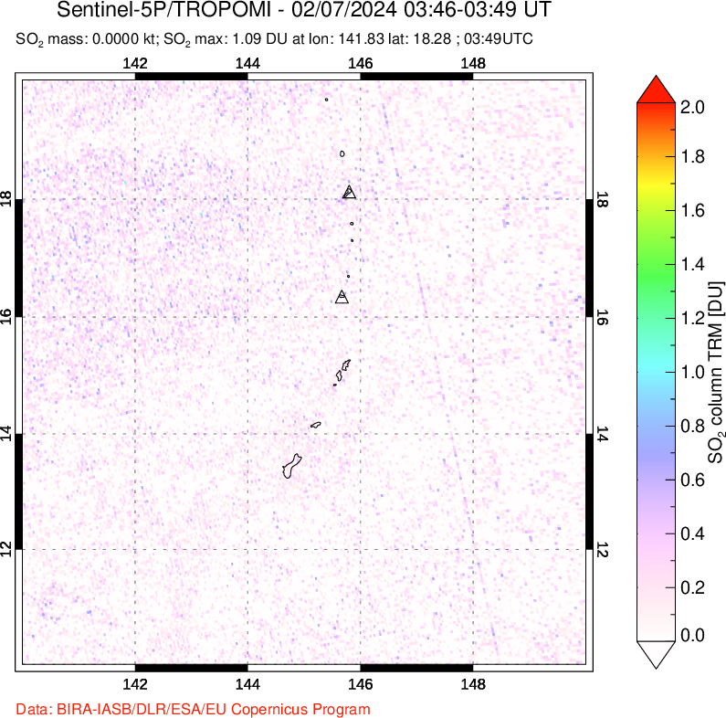 A sulfur dioxide image over Anatahan, Mariana Islands on Feb 07, 2024.