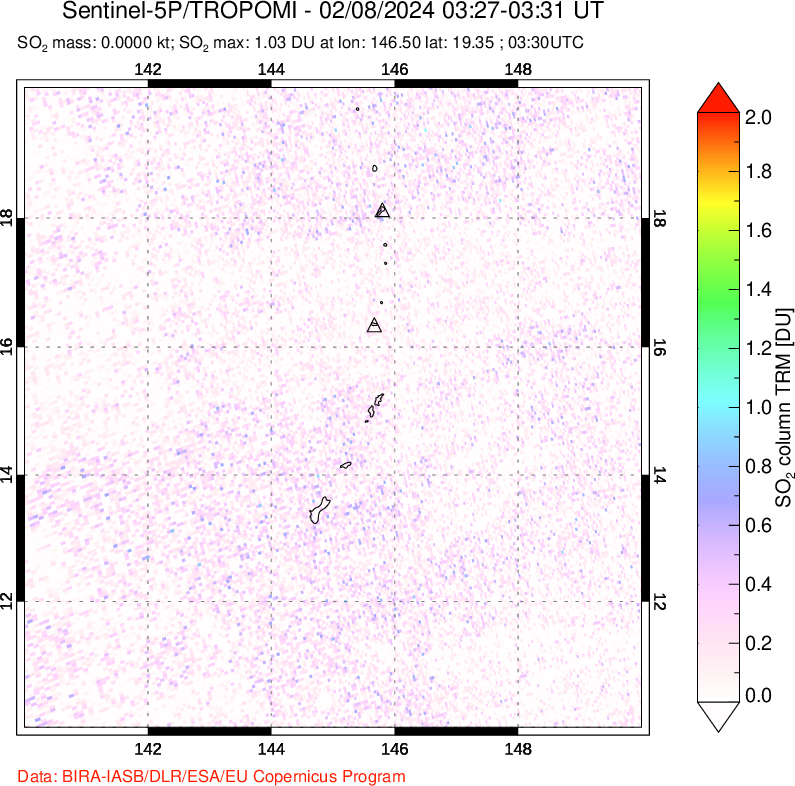 A sulfur dioxide image over Anatahan, Mariana Islands on Feb 08, 2024.