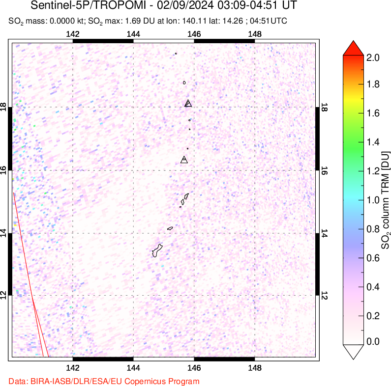 A sulfur dioxide image over Anatahan, Mariana Islands on Feb 09, 2024.