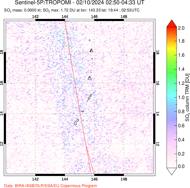 A sulfur dioxide image over Anatahan, Mariana Islands on Feb 10, 2024.