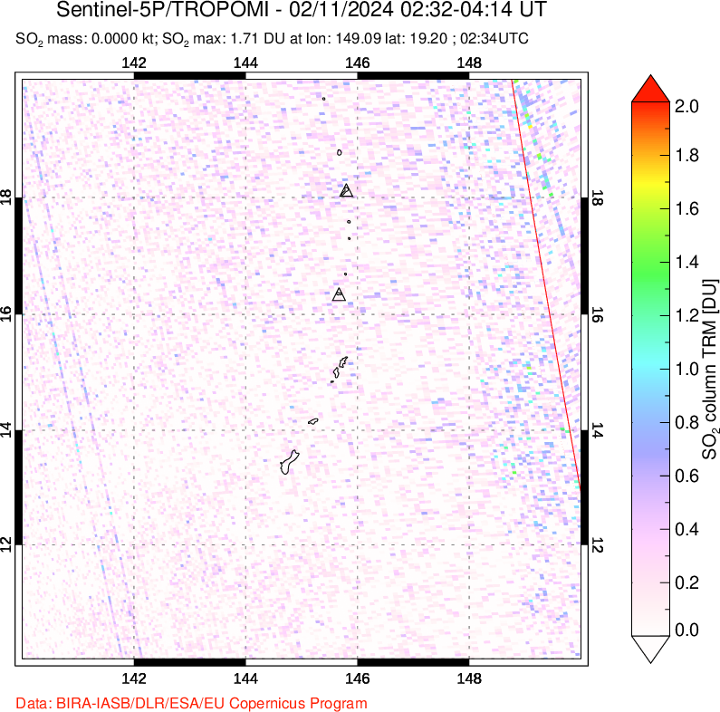 A sulfur dioxide image over Anatahan, Mariana Islands on Feb 11, 2024.