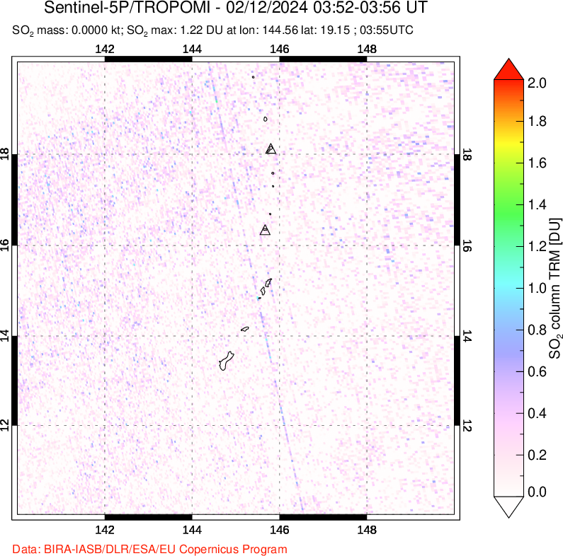 A sulfur dioxide image over Anatahan, Mariana Islands on Feb 12, 2024.