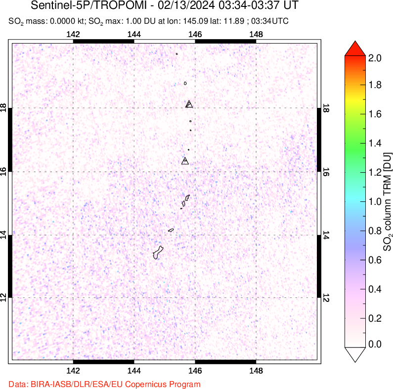 A sulfur dioxide image over Anatahan, Mariana Islands on Feb 13, 2024.