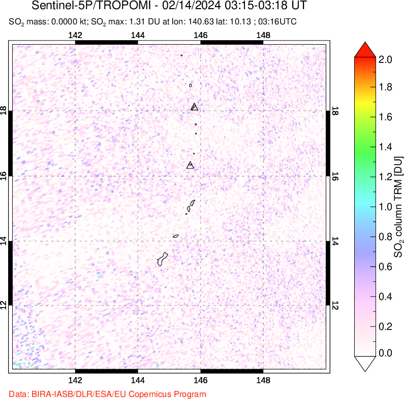 A sulfur dioxide image over Anatahan, Mariana Islands on Feb 14, 2024.