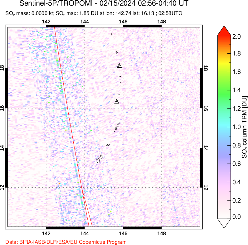 A sulfur dioxide image over Anatahan, Mariana Islands on Feb 15, 2024.