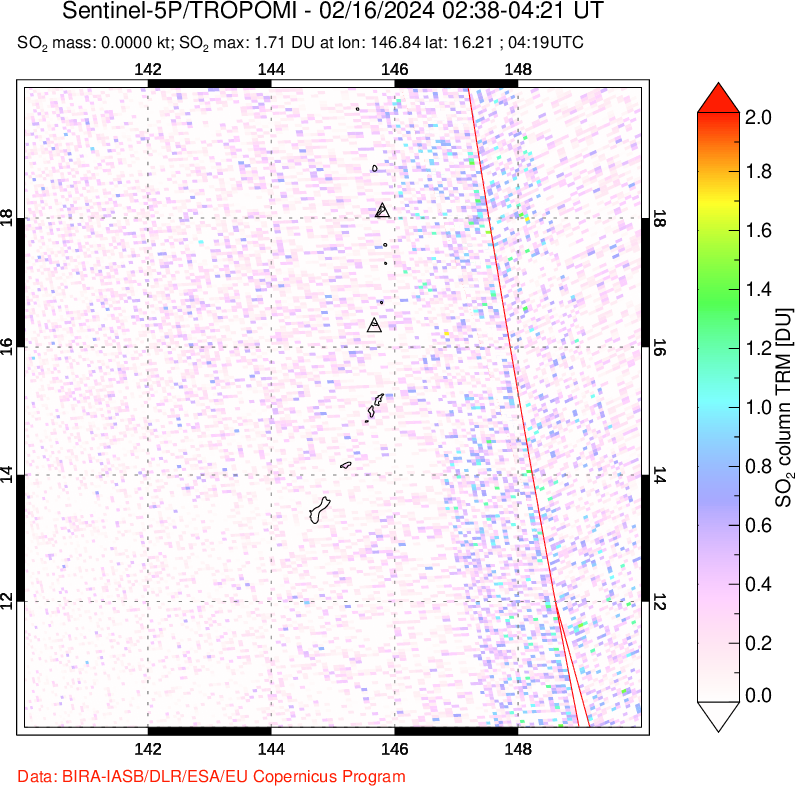 A sulfur dioxide image over Anatahan, Mariana Islands on Feb 16, 2024.