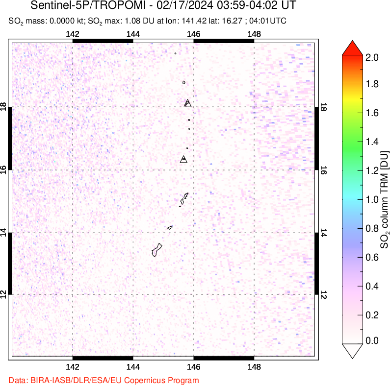 A sulfur dioxide image over Anatahan, Mariana Islands on Feb 17, 2024.