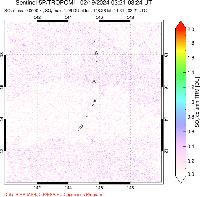 A sulfur dioxide image over Anatahan, Mariana Islands on Feb 19, 2024.