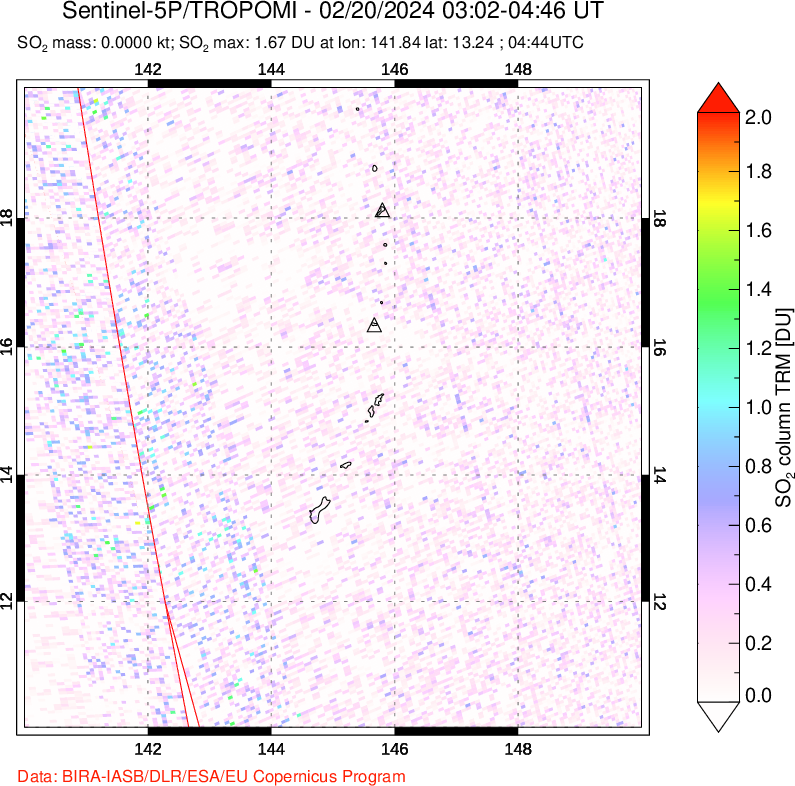 A sulfur dioxide image over Anatahan, Mariana Islands on Feb 20, 2024.