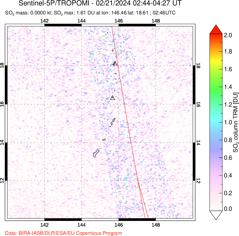 A sulfur dioxide image over Anatahan, Mariana Islands on Feb 21, 2024.