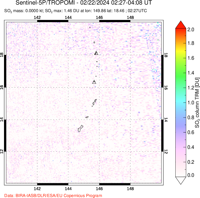 A sulfur dioxide image over Anatahan, Mariana Islands on Feb 22, 2024.