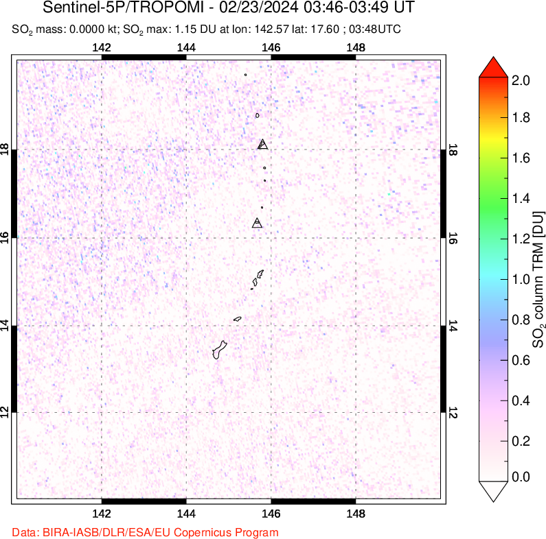 A sulfur dioxide image over Anatahan, Mariana Islands on Feb 23, 2024.