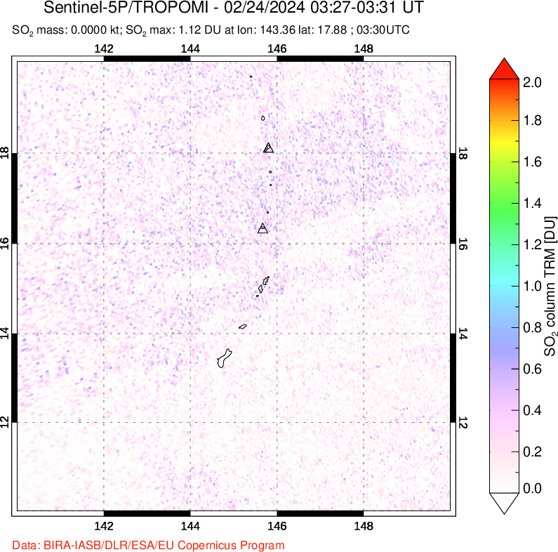 A sulfur dioxide image over Anatahan, Mariana Islands on Feb 24, 2024.