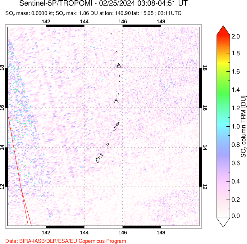 A sulfur dioxide image over Anatahan, Mariana Islands on Feb 25, 2024.