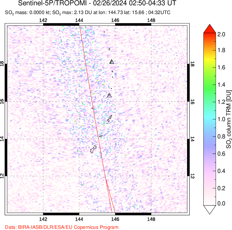 A sulfur dioxide image over Anatahan, Mariana Islands on Feb 26, 2024.