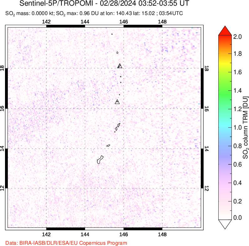 A sulfur dioxide image over Anatahan, Mariana Islands on Feb 28, 2024.